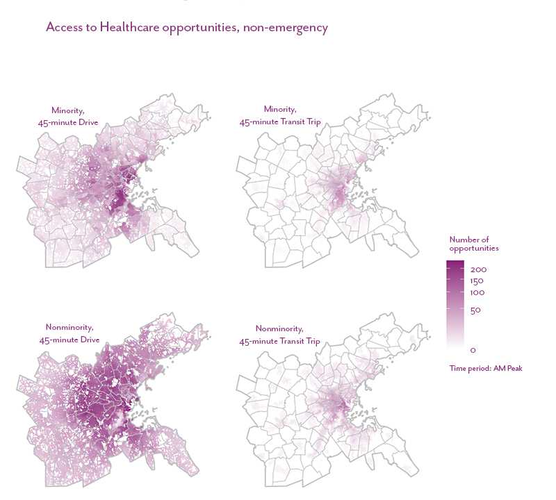 Figure 21 is a map that shows the number of non-emergency healthcare opportunities accessible within a 45-minute drive or public transit trip for the minority and non-minority populations living in the Boston region. 